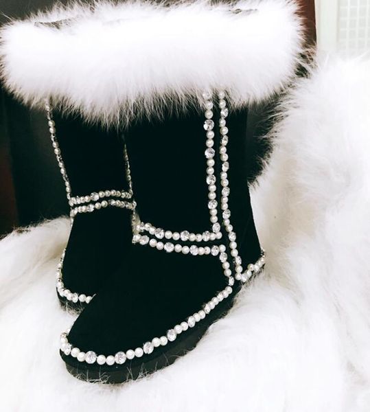 

2020 snow fox skin ladies leather size fur strass addition to thick boots znsy, Black