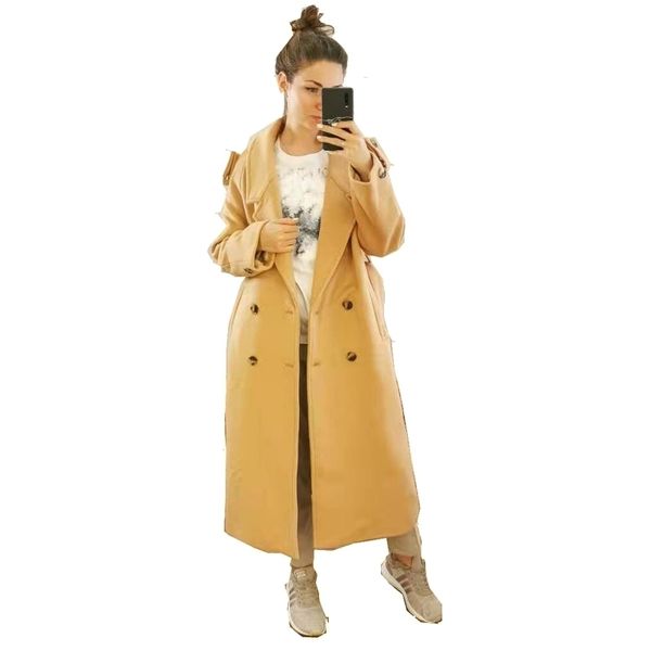 UK Frühling Neues Design Frauen Einfache Wolle Maxi Langer Mantel Robe Slim Fit Mantel Lässiger Mantel mit Gürtel Grau 201027