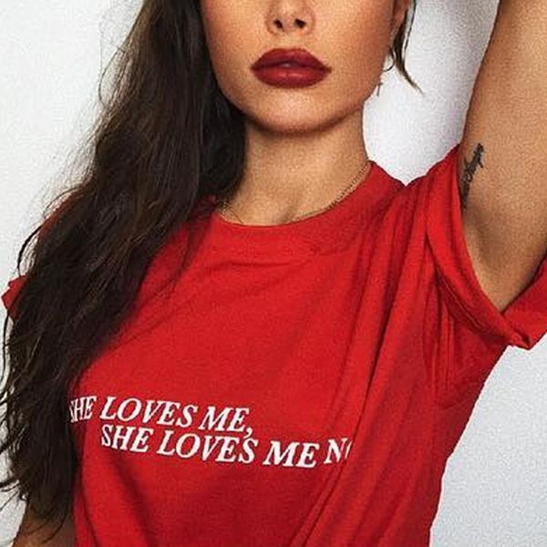 

womens red t shirt with sayings she loves me she loves me not quoted print tee summer fashion grunge tumblr tshirt clothing, White