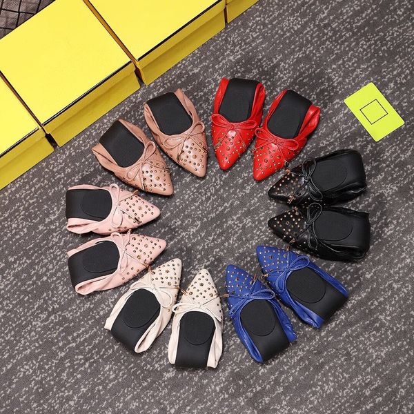 

womens leather flat shoes decorative rivet soft sole comfortable pointed bow womens single shoes original packing box 35-40, Black