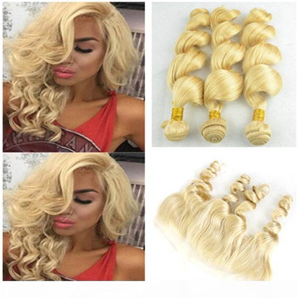 

loose wave blonde human hair #613 loose wave lace frontal with bundles loose wave lace frontal closure with hair wefts 4pcs, Black;brown