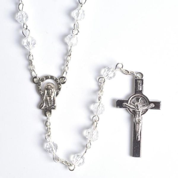 

fashion round small size transparent faceted crystal beads st benedict rosary necklace, Silver