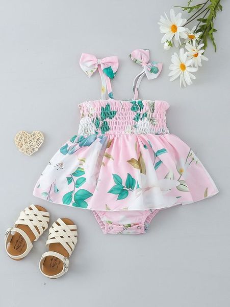 

baby floral print tie shoulder shirred combo bodysuit dress she, Red;yellow