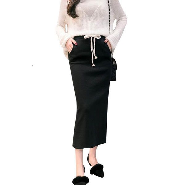

2019 autumn winter womens skirts black split knitted pencil long skirt solid lace up high waist slim pocket skirt