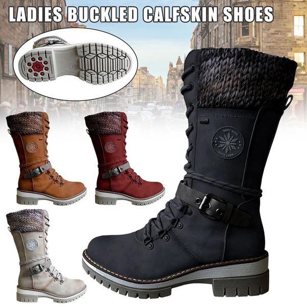 

women's boots women buckle lace knitted mid-calf boots low heel round toe ty66, Black