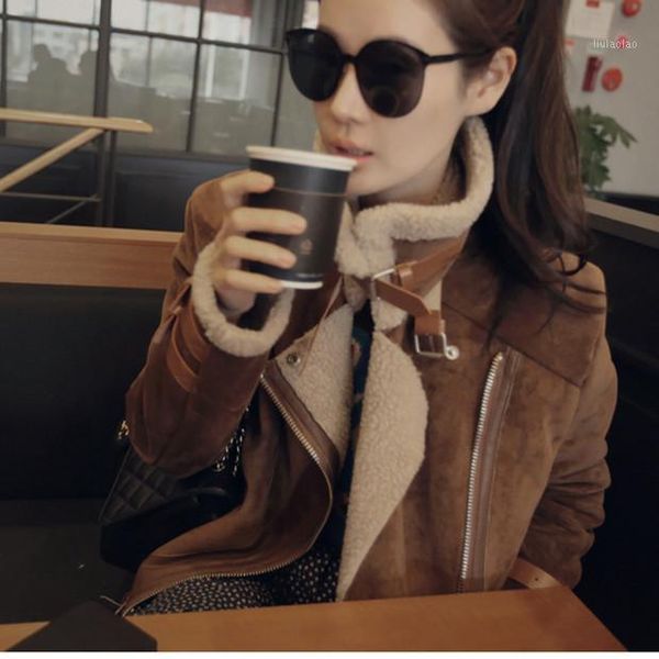 

wholesale- women winter wool coat fur collar suede jacket women windbreaker outwear motorcycle jacket femme hiver manteau invierno abrigos1, Black;brown