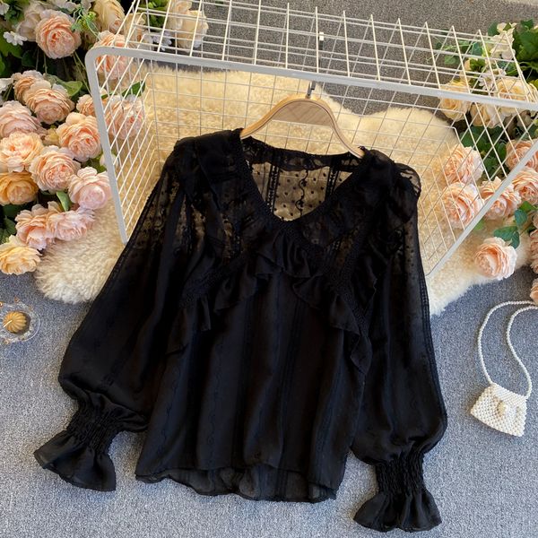 

2021 new singer sweet female blouse low puff solid sleeves autumn loose fashion shirts zluw, White