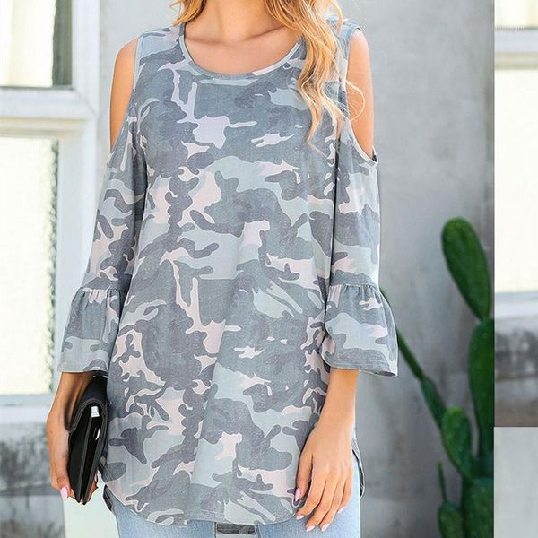 

women leopard camouflage floral printed hollow out o neck blouses office lady summer casual loose flare sleeve long, White