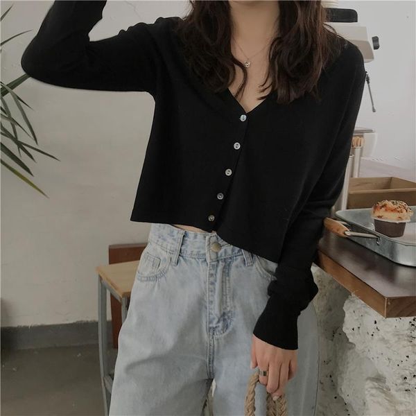 

womens knit cardigan solid sweater fashion chic short knit cardigan new short thin v neck f long sleeve outer female, White;black