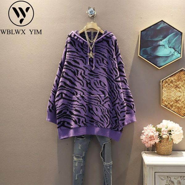 

autumn winter hodded knitted sweater women fashion zebra pattern knit long sleeve loose pullovers women thick warm sweaters1, White;black
