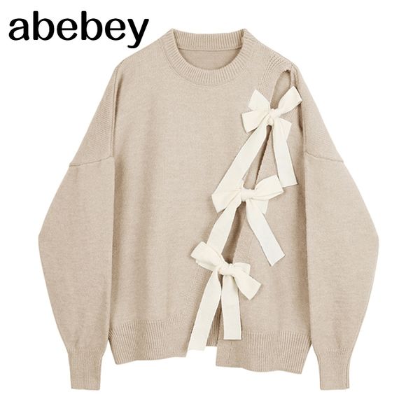 

apricot bow big size knitting sweater loose round neck long sleeve women pullovers new fashion autumn winter 1da814 210218, White;black