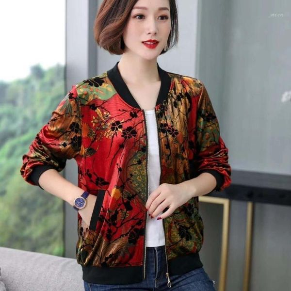 

2020 new middle age women jacket floral printed long sleeve sweatshirt spring slim coats outwear zipper plus size jackets t1011, Black;brown