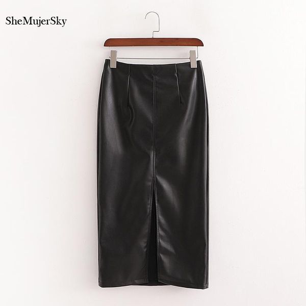 

skirts shemujersky black leather women slim midi skirt 2021 high waist split saia cintura alta