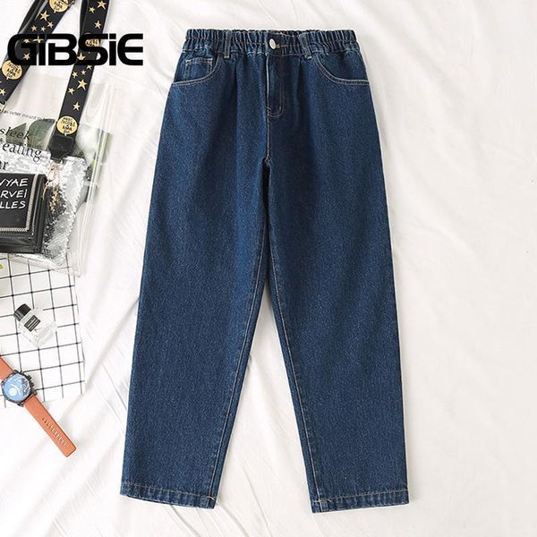 

gibsie plus size button up elastic waist loose woman jeans korean style casual pockets high waist jeans cotton women denim pants1, Blue