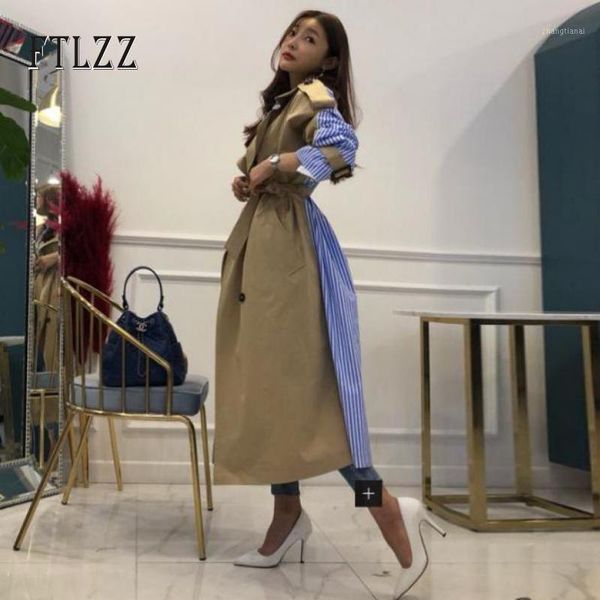 

fashion women stripe splicing loose trench coat autumn 2020 new female medium long turn-down collar single breasted windbreaker1, Tan;black