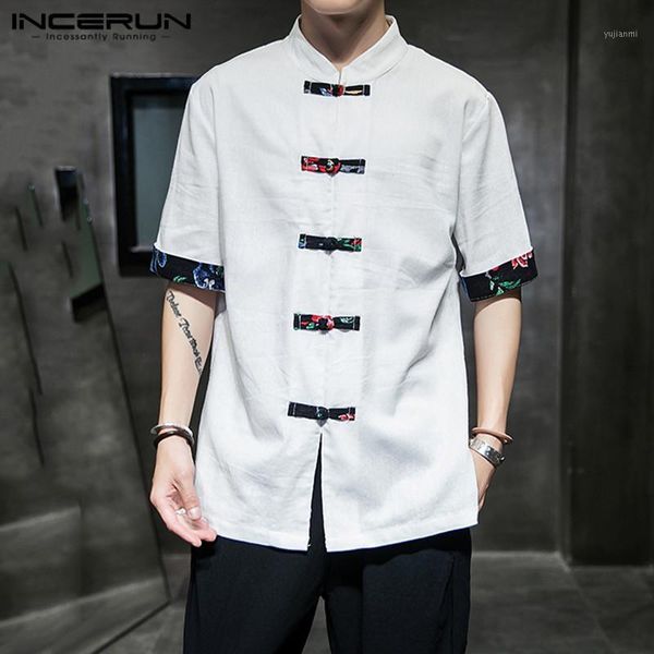 

incerun mens shirts patchwork short sleeve 2019 stand collar blouse cotton casual camisa chinese style vintage shirt men s-3xl1, White;black