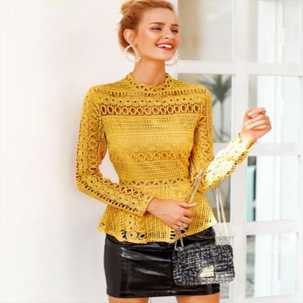 

paris girl elegant lace hollow out peplum blouse shirt women ruffles long sleeve white blouse autumn winter office ladys
