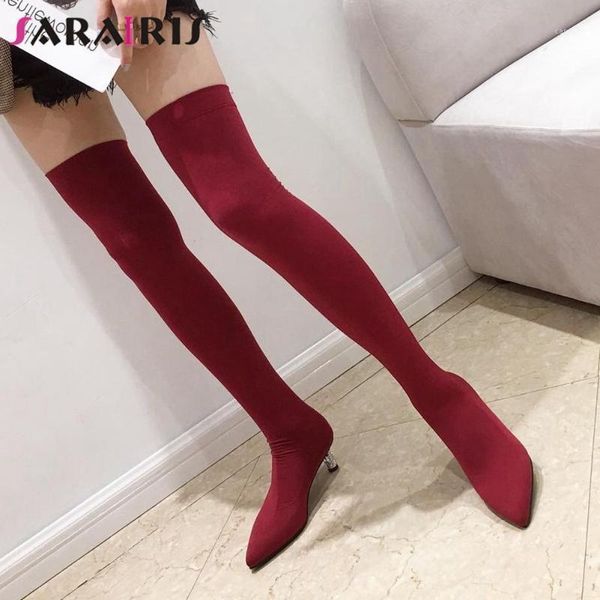 

sarairis new fashion ladies stretch slim autumn boots thigh high boots women pointed toe round heels over the knee shoes woman1, Black