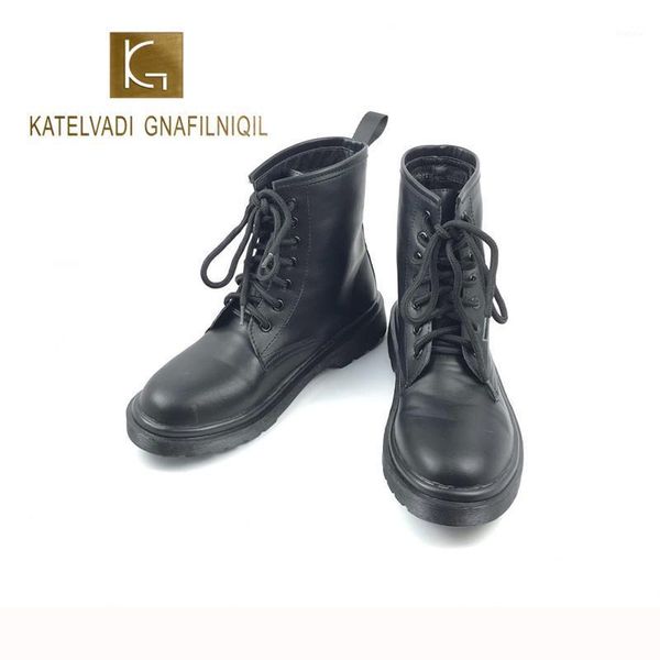 

katelvadi woman motorcycle boots comfortable solid ankle boots retro lace-up with split leather shoes xyl-0021, Black