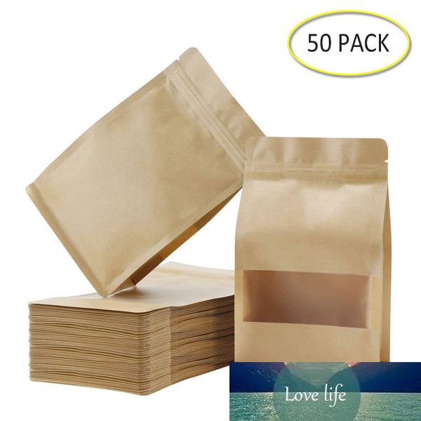 50PCS Stand Up Bags, Kraft Zip fechamento Matte Janela reutilizável Sealing All-Purpose armazenamento de alimentos Pouches Reclosable para o chá Beans Nuts