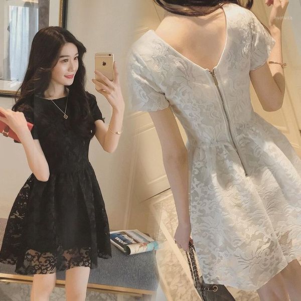 

2019 lace dress long suit-dress flower short sleeve skirt1, Black;gray