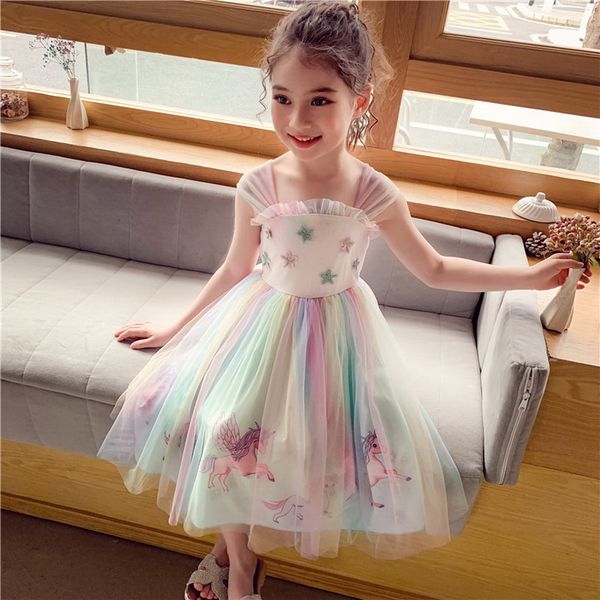 

2021 summer girls dress rainbow wings unicorn chiffon embroidery princess holiday dress children clothes e89, Red;yellow