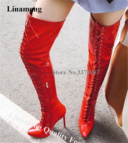 

linamong women patent leather over knee stiletto heel boots shiny lace-up red black long high heel boots dress shoes