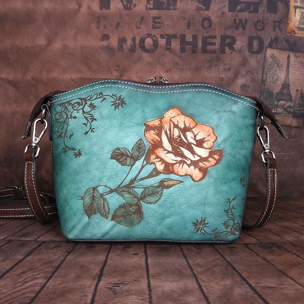 

2020 new first layer cowhide one shoulder messenger women's bag chinese style rose flower women's bag
