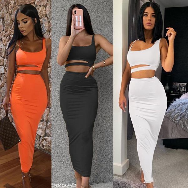 

2 piece set women hollow out sling vest crop elastic bodycon long skirt club outfits summer dress bandage matching sets, Gray