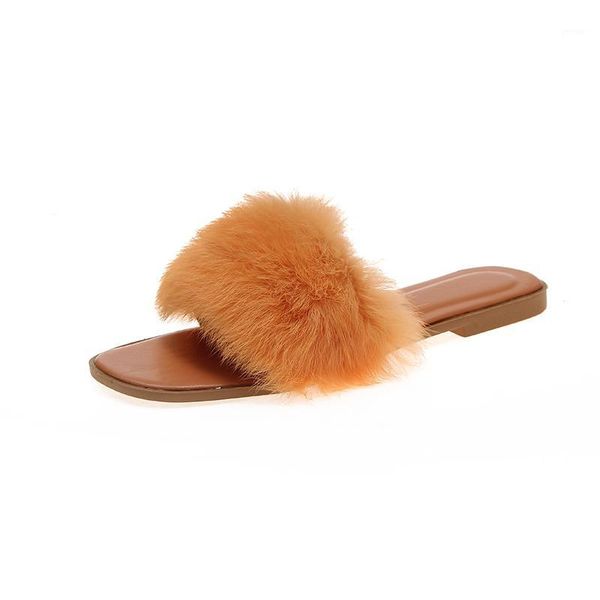 

slippers ladies colorful fur fluffy women's lovely plush real hair slides party furry flip flops sandals1, Black