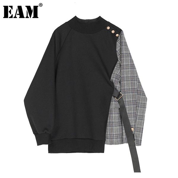 

women's hoodies & sweatshirts [eam] loose black plaid ribbon irregular sweatshirt round neck long sleeve women big size fashion spring