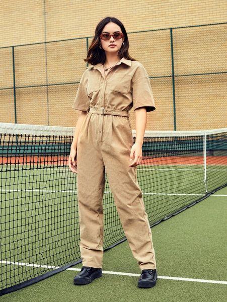 

polka dot drop shoulder belted corduroy shirt jumpsuit t4sq#, White