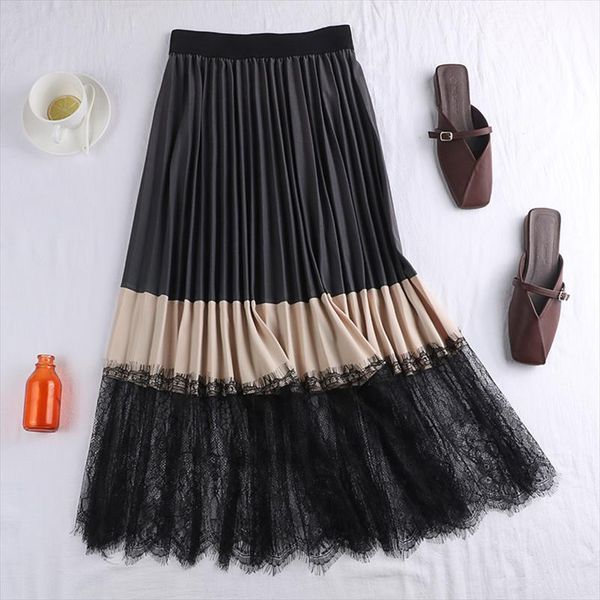 

new spring autumn elegant patchwork lace skirt women vintage panelled striped high waist skirts slim pleated party skirts mw870, Black