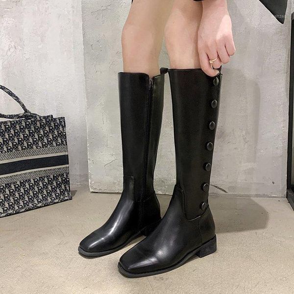 

genuine leather med heels boots knee high boots button round toe shoes woman side zipper party casual basic women pumps1, Black