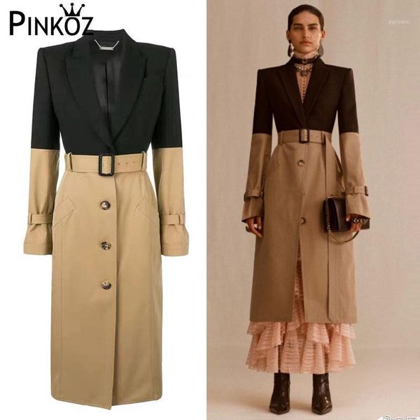 

pinkoz trench coat long coat women new ariival spliced lady dress runway straight single breasted sashes belt long blazer1, Tan;black