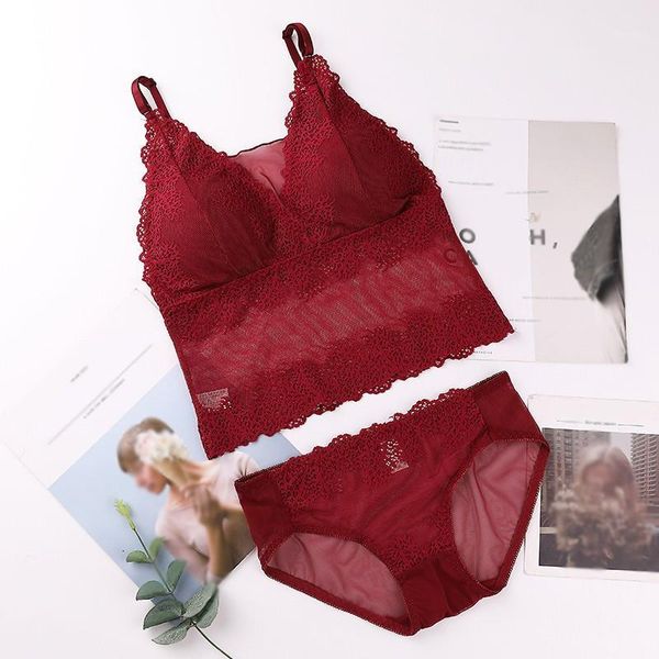 

women gather bra and panties set lace wrapped chest female padded tube underwear set1, Red;black