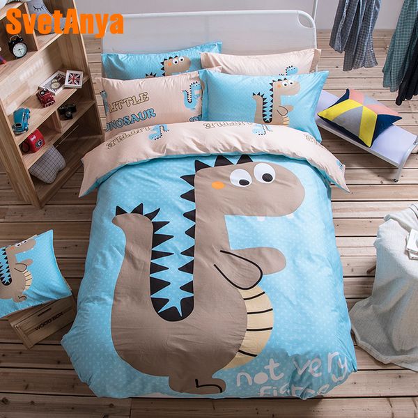 Dinossauros dos desenhos animados Cobertura de edredão conjunto de algodão gêmeo completo queen size 3/4pcs impressão de roupa de cama plana chapa / folha de travesseiro de folha Y200417