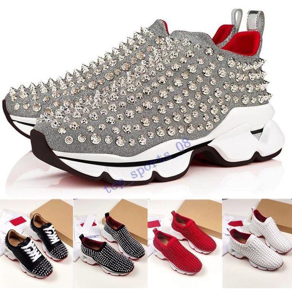 

us12 fashion red bottom men women casual shoes spikes rivets rhinestone dress party walking shoes sneakers chaussures de sport, Black