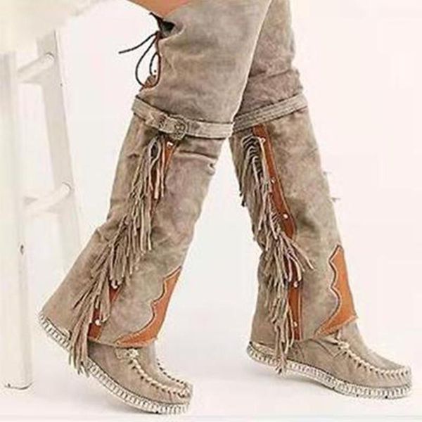 

woman knee high boots women vintage tassel flat comfort long boots 2020 ladies suede leather autumn winter shoe plus size 34-431, Black