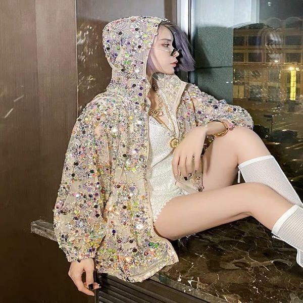 

sequined protective hooded sun blingbling 2020 summer lady heavy mesh jacket thin proof work outwear pnffi, Black