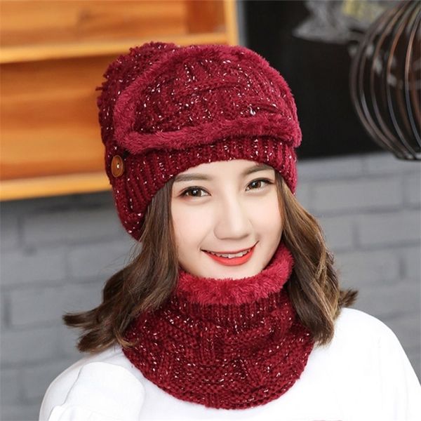 

sets 3 variety wearing velvet hats women warm winter thick wool beanies hat bib mask female knit skullies ear protector caps 201215, Blue;gray