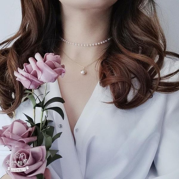 

chokers female temperament jewelry short necklace double imitation pearl choker clavicle chain gifts, Golden;silver