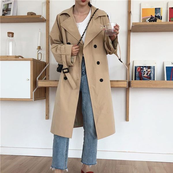 

women trench coat 2020 autumn large lapel solid long coat double-breasted long sleeve pocket casual outerwear women clothes1, Tan;black