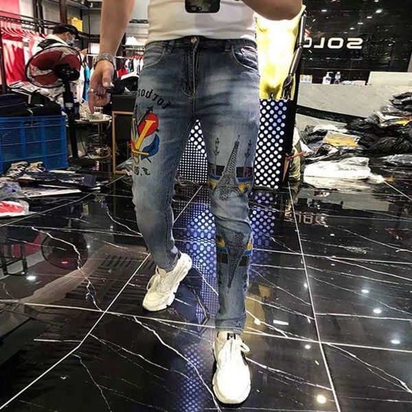 

men's jeans spring and summer 2020 new personalized heavy craft hand-painted printing fashion brand small foot slim man8uy, Blue