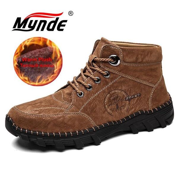 

men's winter boots handmade leather men's boots fur warm snow outdoor comfortable men ankle winter men shoes, Black