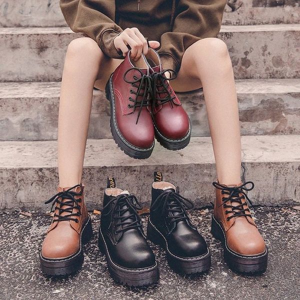 

women boots lace up platform ankle boots women shoes winter for booties motorcycle female warm fur snow n2zt#, Black
