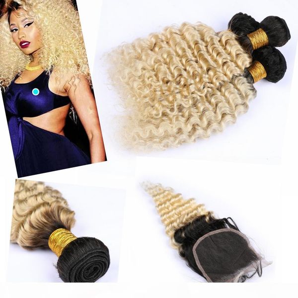 

indian ombre deep wave bundles with closure 4" * 4" ombre bundles with closure #1b with #613 deep wavy, Black;brown