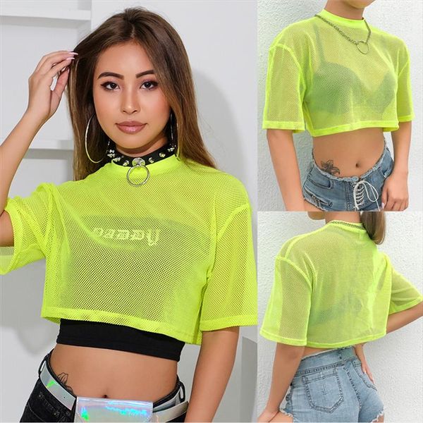 

bright green fishnet crop summer mesh see through tank women fashion femme cropped loose shirt female clubwear s l, White
