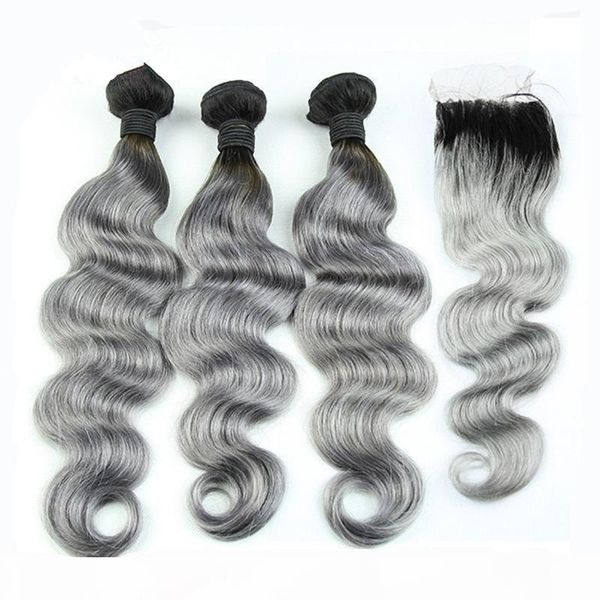 

8a grade peruvian grey hair weave with closure body wave two tone ombre 1b silver gray ombre human hair bundles and lace closures, Black;brown