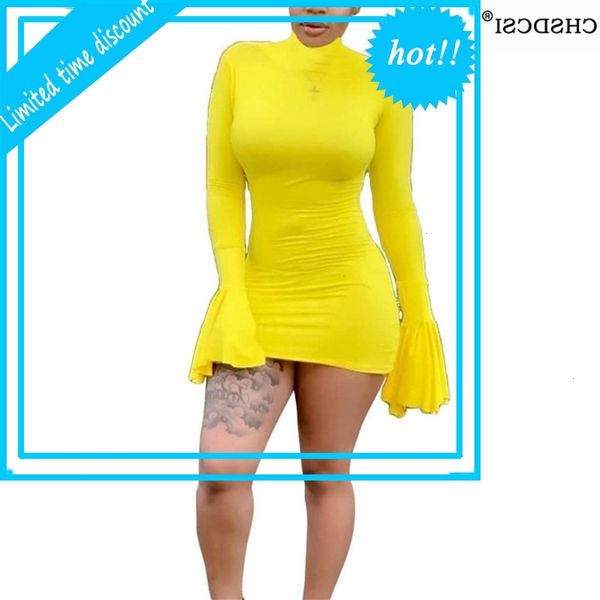 

chsdcsi short bodycon dress flare long mouwen high throat mini herfst women fashion party elegant club yellow summer clothing, Black